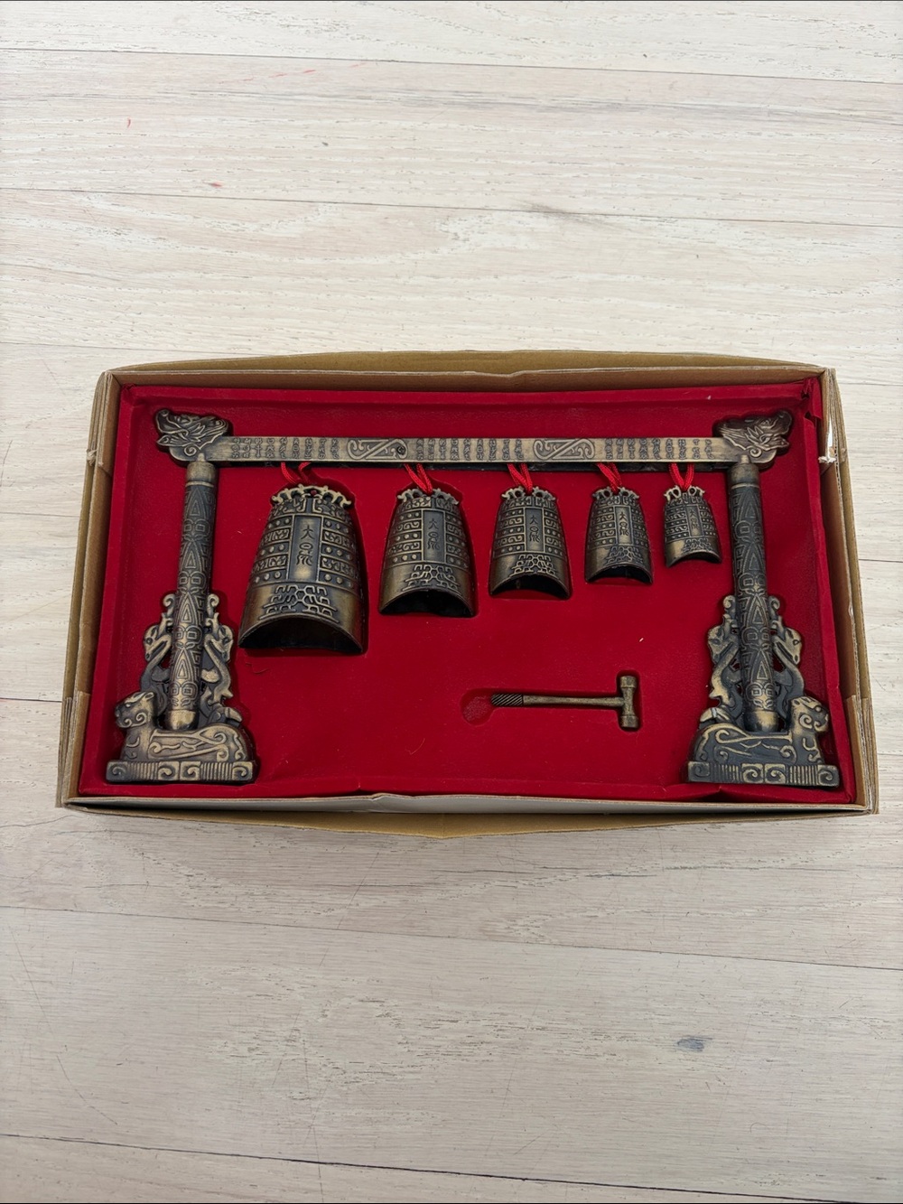 Antique Brass Chinese Temple Bells Set with Stand